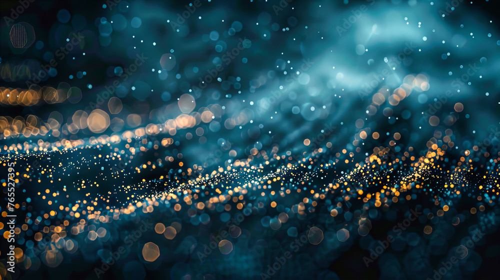 Abstract glowing bokeh background in blue, symbolizing the magic and sparkle of festive celebrations or cosmic explorations in a dark setting - obrazy, fototapety, plakaty 