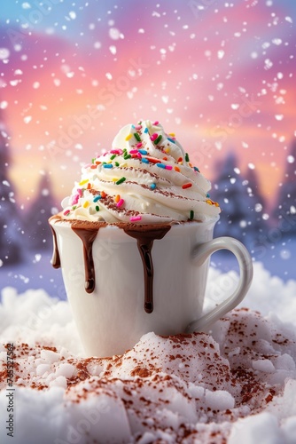a cup of hot chocolate in the snow, topped with whipped cream and sprinkled with whipped cream crumbs, the background is a pastel pinkcolored sky