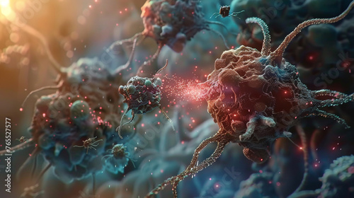 Witness the dynamic interplay between nanorobots and cancerous cells, as they selectively destroy tumors while leaving healthy tissues unharmed, offering new hope in the fight against cancer. 32K. photo