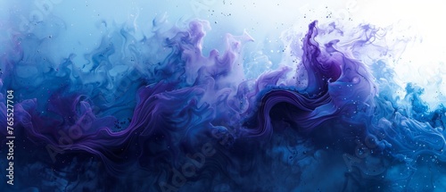  A blue, purple, and white abstract painting on a white background with water droplets in the foreground and lower portion of the image