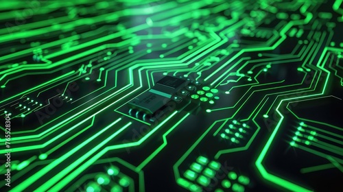 Green Technology Concept: Circuit Board with Glowing Traces and Chip, Symbolizing Eco-Friendly Tech Innovations - AI generated
