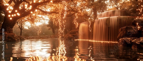  A waterfall lit by hanging lights  surrounded by a pond and a tree