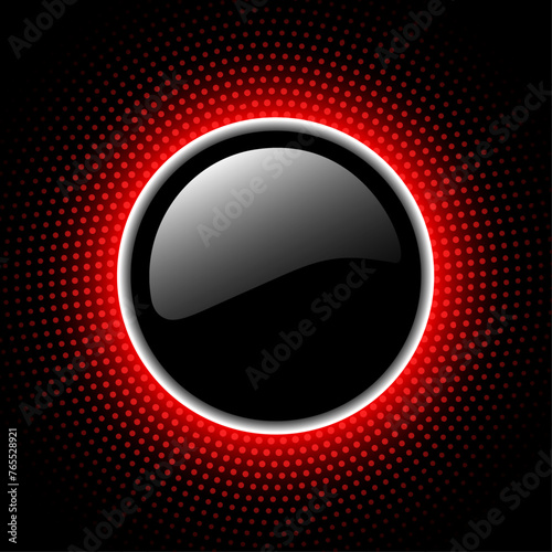 Shiny button with red halftone, sunny dots pattern around on black background.
