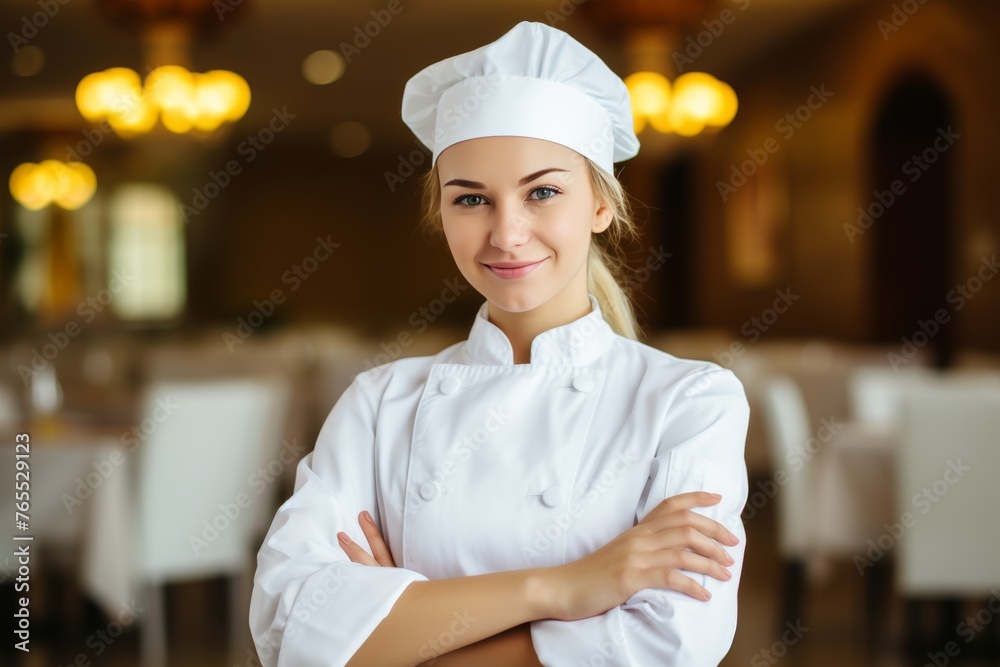Confident female chef with crossed arms standing in front of a stunning, elegant restaurant interior Confident female chef with crossed arms standing in front of a stunning, elegant restaurant interior