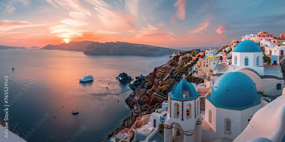A panoramic view of Santorini, Greece at sunset with the iconic blue domes and white buildings overlooking the sea - obrazy, fototapety, plakaty 