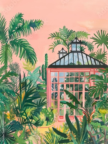 A painting depicting a greenhouse in the center surrounded by a variety of lush tropical plants in vibrant colors