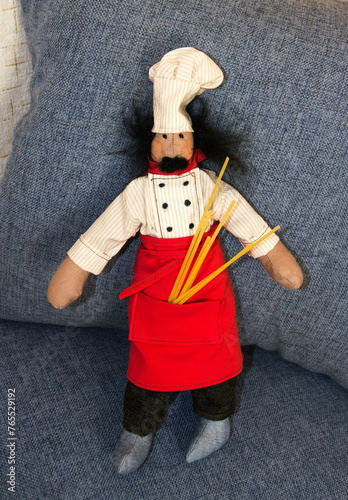 Interior toy cook, soft toy, interior toy, toy cook, doll, children's, funny, cool, funny, favorite, pillow toy, blue, mustache toy, Georgian cook, person, people, hand, child, hair,handmade toy, hand