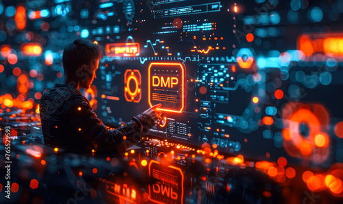 Person Presenting the Concept of DMP (Data Management Platform) Surrounded by Related Icons Representing Data Collection, Analysis, and Targeted Marketing photo