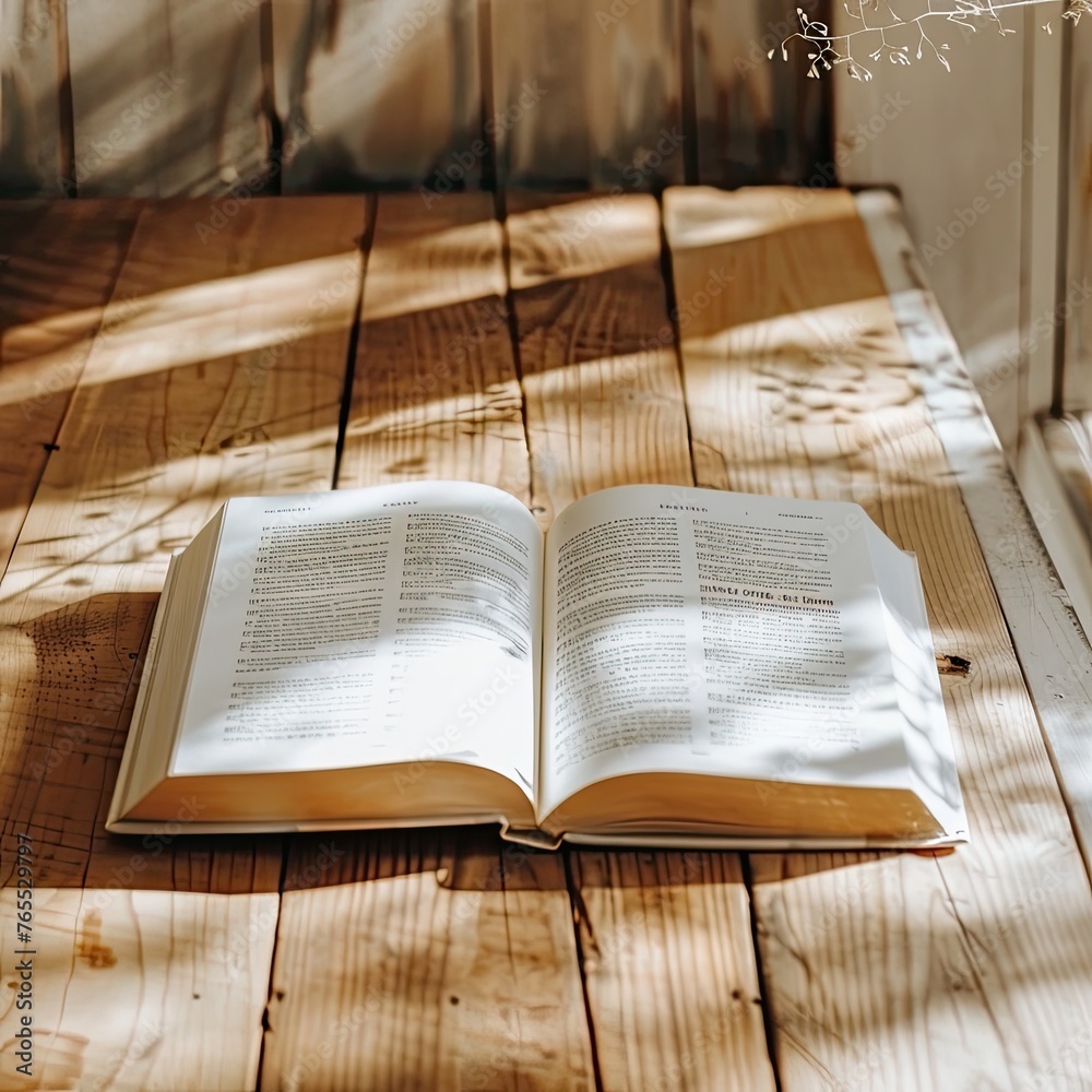 Obraz premium A classic hardcover book lying open on a natural