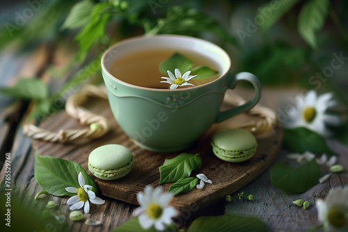 Theres a cup of tea with little white flowers.AI generated photo