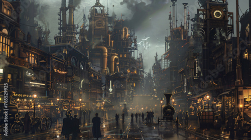 A steampunk city with clockwork contraptions and brass