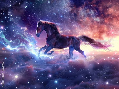 A horse galloping across a cosmic field with its mane and tail leaving a trail of light