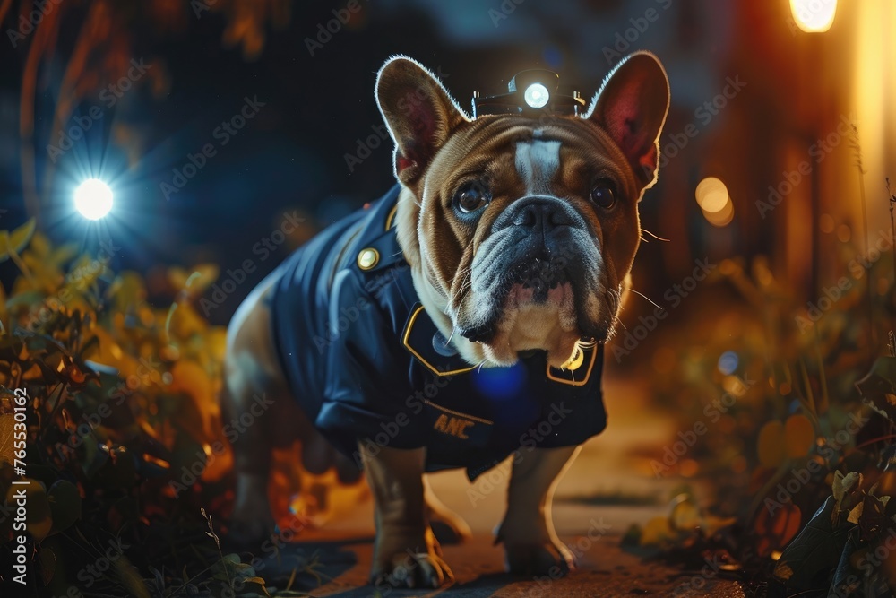 A Bulldog in a security guard uniform with a flashlight and walkie-talkie - obrazy, fototapety, plakaty 