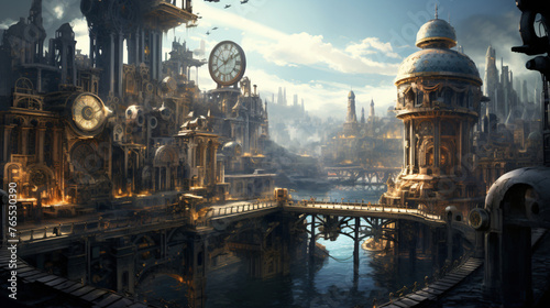 A steampunk cityscape with elaborate machinery and gea