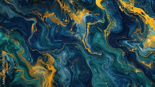 Abstract background made using liquid acrylic technique: blue, gold and green colors mix to create ocean waves with sense of movement and depth