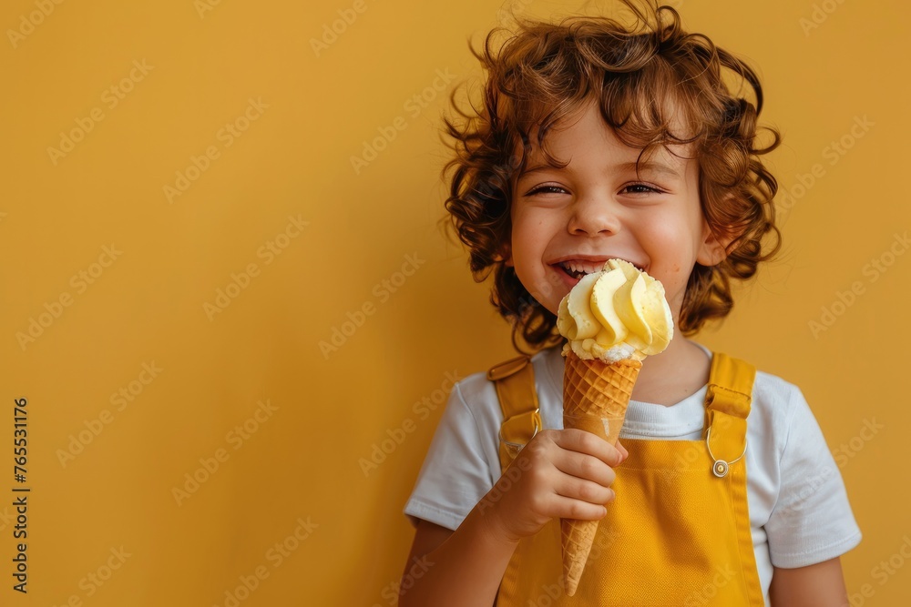 Ice cream cute kid with ice lolly. Copy space for text. Generative AI Ice cream cute kid with ice lolly. Copy space for text. Generative AI