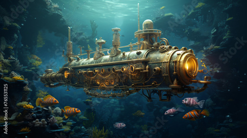 A steampunk submarine exploring the depths of the ocean