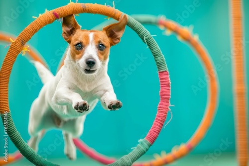 Energetic Jack Russell Terrier Jumping Through Colorful Hoops in Agility Training at Pet Sports Competition photo