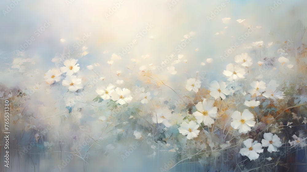 A dreamlike scene of a horizontal frame filled with delicate white flowers and leaves, Generative ai.