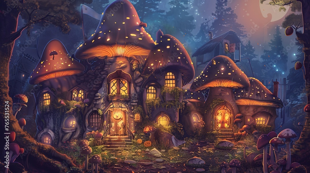 A twilight scene featuring enchanted mushroom houses with warm glowing lights nestled in a magical forest, creating a scene out of a fairytale. Whimsical Mushroom Village at Night Illustration
A twilight scene featuring enchanted mushroom houses with warm glowing lights nestled in a magical forest, creating a scene out of a fairytale. Whimsical Mushroom Village at Night Illustration