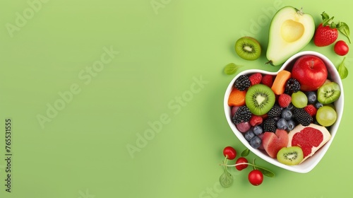 Heart-Healthy Diet  Assortment of Nutritious Fruits  Vegetables  and Nuts in a Heart-Shaped Bowl - AI generated