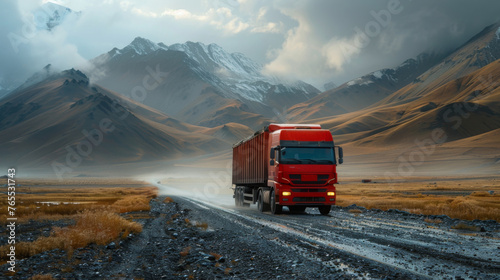 A red semi-truck is driving on a dirt road amidst a dramatic mountain landscape under a cloudy sky. © khonkangrua