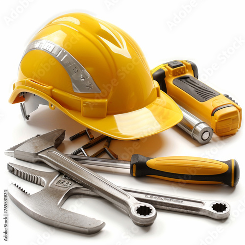 Assorted hand tools and a yellow hard hat arranged on a white isolated background. photo