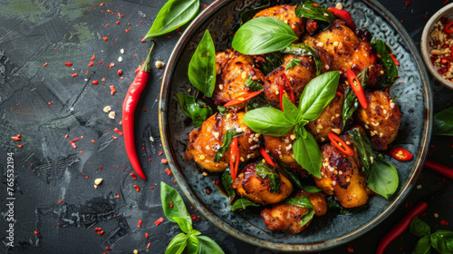 Succulent chicken stir-fry with fresh basil and hot chili, served on a rustic ceramic plate.