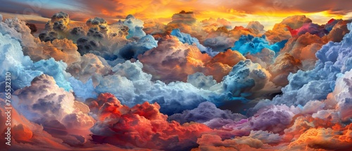  A depiction of clouds against an orange, blue, and pink sunlit backdrop