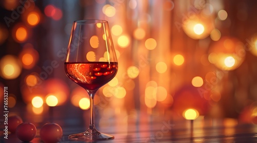 Rich red wine in a clear glass, warm backdrop