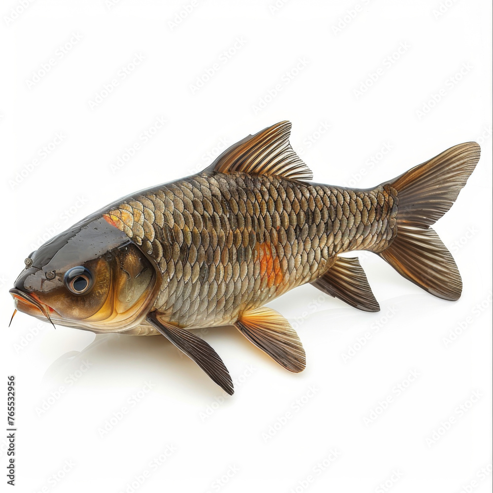 Close-up of a single freshwater carp, vibrant scales detailed, isolated on a white background for versatile use. Close-up of a single freshwater carp, vibrant scales detailed, isolated on a white background for versatile use.