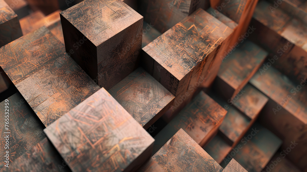 Rusty geometric blocks layer in depth, creating an abstract coppery terrain. Rusty geometric blocks layer in depth, creating an abstract coppery terrain.