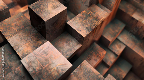 Rusty geometric blocks layer in depth, creating an abstract coppery terrain.