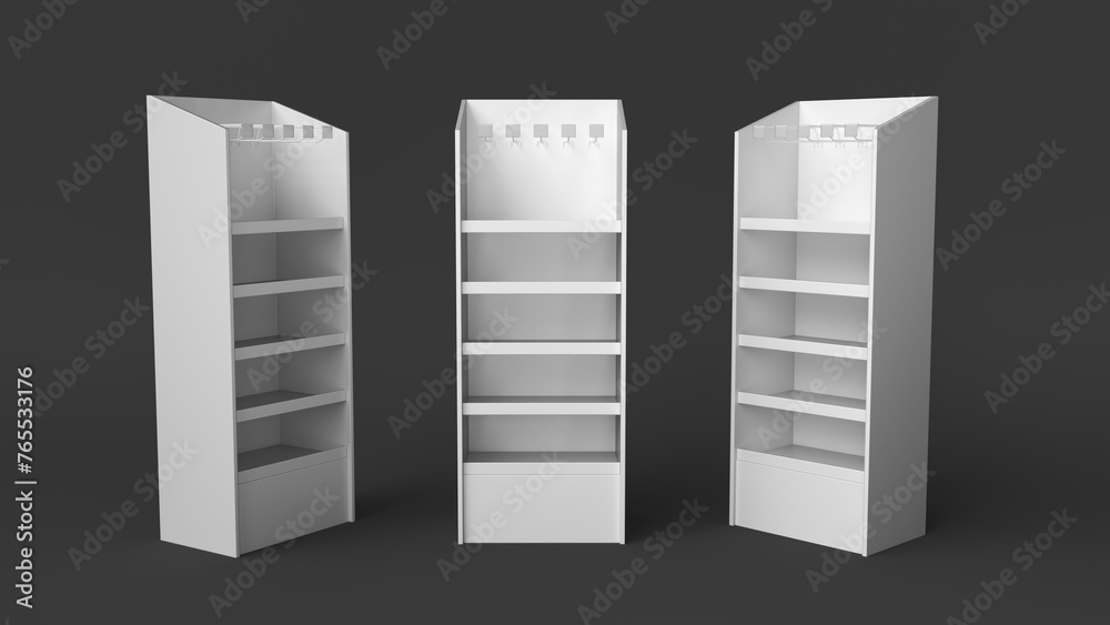 Retail cardboard display stands mockups with empty shelves, euro hooks and price holders. 3d illustration set on gray background Retail cardboard display stands mockups with empty shelves, euro hooks and price holders. 3d illustration set on gray background