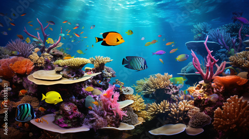 A vibrant coral reef teeming with colorful fish and ma