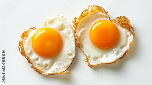 Two heart-shaped fried eggs on a white background. photo