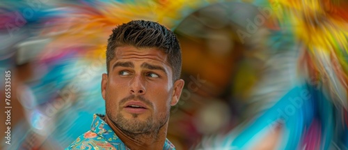  A person wearing a colorful tie-dye shirt with a shirt background