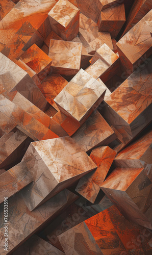 Pile of copper-toned geometric prisms with a distinctive weathered texture.