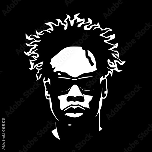 Black and white vector logo style illustration of a male face shaped by shadows, front view, African American, wearing sunglasses