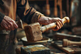 Crafter with a vintage wooden mallet.