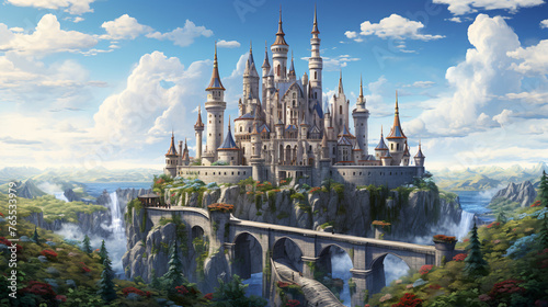A whimsical fairy tale castle with towers and spires.