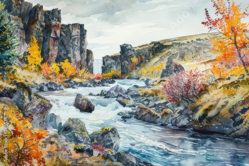 Watercolor river flowing between rocky cliffs decorated with autumn trees in Iceland