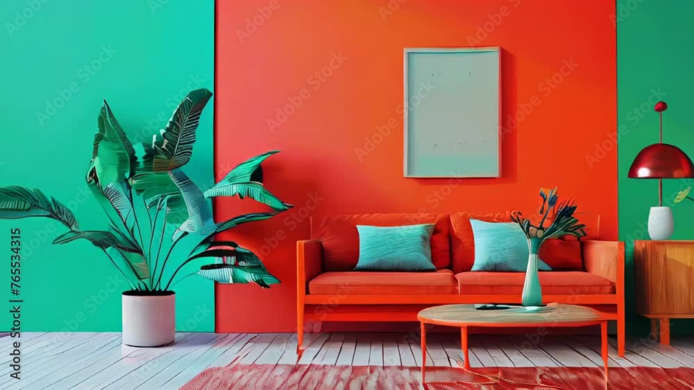 Interior of modern living room with orange and green walls, wooden floor, red sofa and green ...