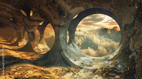Surreal arches eroding into an otherworldly landscape at golden hour. photo