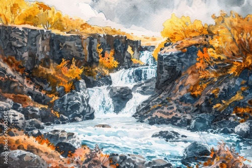 Watercolor river flowing between rocky cliffs decorated with autumn trees in Iceland © Thi