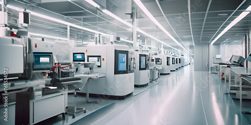 A semiconductor fabrication plant. A modern clean and organized DX age production factory. 4K Video