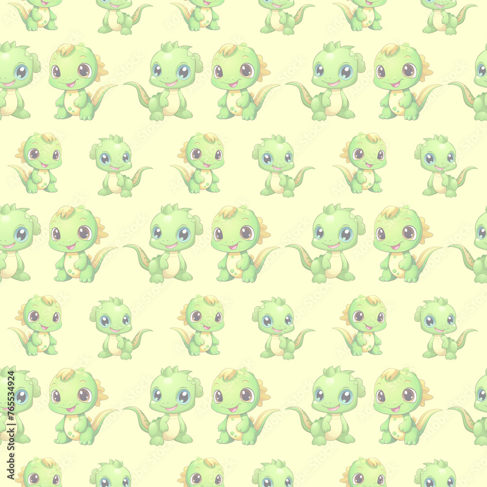 Cute adorable green dragons  on yellow background 
 pattern  high quality printable seamless file for textile or wrapping