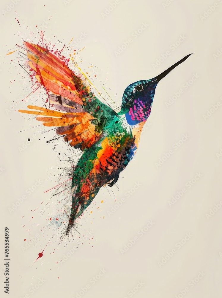 A vibrant painting depicting a hummingbird in various hues, wings outstretched, soaring through a clear blue sky