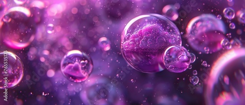  A group of bubbles drifting on a purple and black backdrop with water droplets beneath them