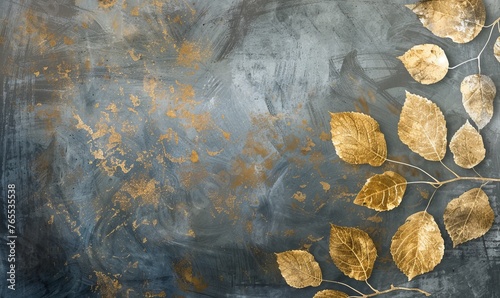 Abstract leaves on stone background, gray and golden colored #765535538